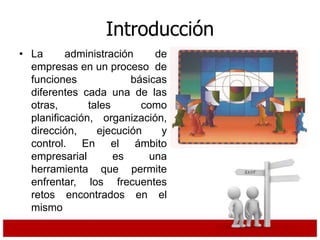 Introducción
• La administración de
empresas en un proceso de
funciones básicas
diferentes cada una de las
otras, tales como
planificación, organización,
dirección, ejecución y
control. En el ámbito
empresarial es una
herramienta que permite
enfrentar, los frecuentes
retos encontrados en el
mismo
 