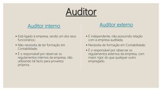 Auditor
Auditor interno
 Está ligado à empresa, sendo um dos seus
funcionários;
 Não necessita de ter formação em
Contabilidade;
 É o responsável por observar os
regulamentos internos da empresa, não
utilizando tal facto para proveitos
próprios.
Auditor externo
 É independente, não possuindo relação
com a empresa auditada;
 Necessita de formação em Contabilidade;
 É o responsável por observar os
regulamentos externos da empresa, com
maior rigor do que qualquer outro
empregado.
 