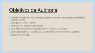 Objetivos da Auditoria
 Expressar uma opinião sobre a correção, clareza e a suficiência das situações e documentos
objeto de análise;
 Emitir parecer sobre as contas;
 Contribuir para a eficiência operacional;
 Dar credibilidade às Demonstrações Financeiras junto dos utilizadores;
 Conhecer pontos fracos existentes ao nível de controlo interno da empresa auditada;
 Detetar erros e fraudes.
 