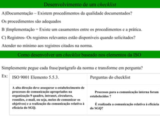 Desenvolvimento de um  checklist A)Documentação – Existem procedimentos da qualidade documentados?  Os procedimentos são adequados  B )Implementação = Existe um casamentos entre os procedimentos e a prática.  C) Registros- Os registros relevantes estão disponíveis quando solicitados? Atender no mínimo aos registros citados na norma.  Como desenvolver um  checklist  baseado nos elementos da ISO  Simplesmente pegue cada frase/parágrafo da norma e transforme em pergunta? Ex:  ISO 9001 Elemento 5.5.3.  Perguntas do checklist  A alta direção deve assegurar o estabelecimento de processos de comunicação apropriados na organização 9 quadro, intranet, circulares, reuniões, e-mail, ou seja, meios de comunicar os objetivos) e a realização da comunicação relativa à eficácia do SGQ.           Processos para a comunicação interna foram estabelecidos ?         È realizada a comunicação relativa à eficácia do SGQ?  