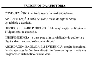 PRINCÍPIOS DA AUDITORIA  CONDUTA ÉTICA: o fundamento do profissionalismo.  APRESENTAÇÃO JUSTA:  a obrigação de reportar com veracidade e exatidão. DEVIDO CUIDADO PROFISSIONAL: a aplicação de diligência e julgamento na auditoria. INDEPENDÊNCIA:  a base para a imparcialidade da auditoria e objetividade das conclusões de auditoria. ABORDAGEM BASEADA EM EVIDÊNCIA: o método racional de alcançar conclusões de auditoria confiáveis e reproduzíveis em um processo sistemático de auditoria.  