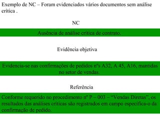 Exemplo de NC – Foram evidenciados vários documentos sem análise
crítica .

                                 NC
                Ausência de análise crítica de contrato.


                          Evidência objetiva


Evidencia-se nas confirmações de pedidos nºs A32, A 45, A16, mantidas
                         no setor de vendas.

                                Referência
Conforme requerido no procedimento nº P – 003 – “Vendas Diretas”, os
resultados das análises críticas são registrados em campo específica-o da
confirmação de pedido.
 