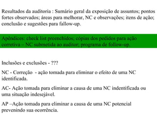Resultados da auditoria : Sumário geral da exposição de assuntos; pontos fortes observados; áreas para melhorar, NC e observações; itens de ação; conclusão e sugestões para fallow-up.  Apêndices: check list preenchidos; cópias dos pedidos para ação corretiva – NC submetida ao auditor; programa de follow-up.  Inclusões e exclusões - ???  NC - Correção  - ação tomada para eliminar o efeito de uma NC identificada.  AC- Ação tomada para eliminar a causa de uma NC indentificada ou uma situação indesejável.  AP –Ação tomada para eliminar a causa de uma NC potencial prevenindo sua ocorrência.  