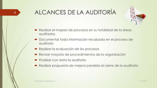ALCANCES DE LA AUDITORÍA
 Realizar el mapeo de procesos en su totalidad de la áreas
auditadas
 Documentar toda información recabada en el proceso de
auditoria
 Realizar la evaluación de los procesos
 Revisar mayoría de procedimientos de la organización
 Finalizar con éxito la auditoria
 Realizar propuesta de mejora paralela al cierre de la auditoría
11/03/2014AUDITORÍA DE SISTEMAS DE T.I.
4
 