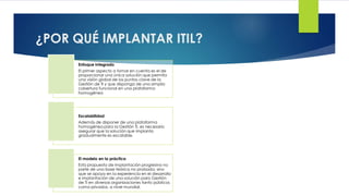 ¿POR QUÉ IMPLANTAR ITIL?
Enfoque Integrado
El primer aspecto a tomar en cuenta es el de
proporcionar una única solución que permita
una visión global de los puntos clave de la
Gestión de TI y que disponga de una amplia
cobertura funcional en una plataforma
homogénea
Escalabilidad
Además de disponer de una plataforma
homogénea para la Gestión TI, es necesario
asegurar que la solución que implanta
gradualmente es escalable.
El modelo en la práctica
Esta propuesta de implantación progresiva no
parte de una base teórica no probada, sino
que se apoya en la experiencia en el desarrollo
e implantación de una solución para Gestión
de TI en diversas organizaciones tanto públicos
como privados, a nivel mundial.
 