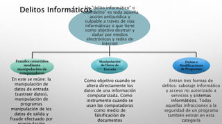 Un "delito informático" o
"ciberdelito" es toda aquella
acción antijurídica y
culpable a través de vías
informáticas o que tiene
como objetivo destruir y
dañar por medios
electrónicos y redes de
Internet
Delitos Informáticos
Fraudes cometidos
mediante
manipulación de
computadoras
Manipulación
de Datos de
Entrada
Daños o
Modificaciones
de Programas
Como objetivo cuando se
altera directamente los
datos de una información
computarizada. Como
instrumento cuando se
usan las computadoras
como medio de
falsificación de
documentos
Entran tres formas de
delitos: sabotaje informático
y acceso no autorizado a
servicios y sistemas
informáticos. Todas
aquellas infracciones a la
seguridad de un programa
también entran en esta
categoría
En este se reúne: la
manipulación de
datos de entrada
(sustraer datos),
manipulación de
programas
manipulación de los
datos de salida y
fraude efectuado por
 