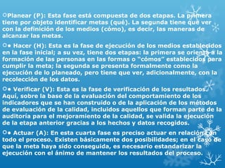 Planear (P): Esta fase está compuesta de dos etapas. La primera
tiene por objeto identificar metas (qué). La segunda tiene que ver
con la definición de los medios (cómo), es decir, las maneras de
alcanzar las metas.
• Hacer (H): Esta es la fase de ejecución de los medios establecidos
en la fase inicial; a su vez, tiene dos etapas: la primera se orienta a la
formación de las personas en las formas o “cómos” establecidos para
cumplir la meta; la segunda se presenta formalmente como la
ejecución de lo planeado, pero tiene que ver, adicionalmente, con la
recolección de los datos.
• Verificar (V): Esta es la fase de verificación de los resultados.
Aquí, sobre la base de la evaluación del comportamiento de los
indicadores que se han construido o de la aplicación de los métodos
de evaluación de la calidad, incluidos aquellos que forman parte de la
auditoría para el mejoramiento de la calidad, se valida la ejecución
de la etapa anterior gracias a los hechos y datos recogidos.
• Actuar (A): En esta cuarta fase es preciso actuar en relación con
todo el proceso. Existen básicamente dos posibilidades; en el caso de
que la meta haya sido conseguida, es necesario estandarizar la
ejecución con el ánimo de mantener los resultados del proceso.
 