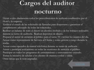 Llevar a cabo diariamente todos los procedimientos de auditoría establecidos por el
Hotel y la empresa.
Verificar el estado de las solicitudes de llamadas para despertarse y garantizar el
cumplimiento adecuado de todas las solicitudes.
Realizar un balance de todo el dinero en efectivo recibido y de los trabajos realizados
durante su turno de auditoría. Realizar depósitos de dinero.
Preparar el sector de atención al público para el turno ‘A’ y revisar los asuntos del día.
Actuar como representante de Servicio al Cliente y como gerente a cargo durante la
noche.
Actuar como operador de central telefónica durante su turno de auditoría.
Asistir y participar activamente en todas las reuniones de atención al público.
Participar en todos los programas de entrenamiento y entrenamiento cruzado.
Tomar la iniciativa de saludar a los clientes de manera cordial y cálida.
Otras tareas que le sean asignadas.
VOLVER

 