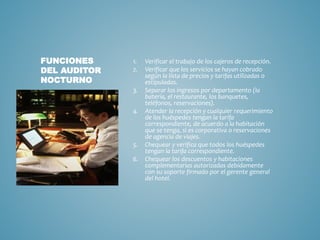 1. Verificar el trabajo de los cajeros de recepción. 
2. Verificar que los servicios se hayan cobrado 
según la lista de precios y tarifas utilizadas o 
estipuladas. 
3. Separar los ingresos por departamento (la 
batería, el restaurante, los banquetes, 
teléfonos, reservaciones). 
4. Atender la recepción y cualquier requerimiento 
de los huéspedes tengan la tarifa 
correspondiente, de acuerdo a la habitación 
que se tenga, si es corporativa o reservaciones 
de agencia de viajes. 
5. Chequear y verifica que todos los huéspedes 
tengan la tarifa correspondiente. 
6. Chequear los descuentos y habitaciones 
complementarias autorizadas debidamente 
con su soporte firmado por el gerente general 
del hotel. 
FUNCIONES 
DEL AUDITOR 
NOCTURNO 
 