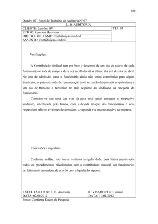 108
Quadro 07 - Papel de Trabalho de Auditoria Nº 07
L. B. AUDITORIA
CLIENTE: Carvões BV PTA: 07
SETOR: Recursos Humanos
OBJETO DO EXAME: Contribuição sindical
ASSUNTO: Contribuição sindical
Verificações:
A Contribuição sindical tem por base o desconto de um dia de salário de cada
funcionário no mês de março e deve ser recolhido até o último dia útil do mês de abril.
No ano de admissão, caso o funcionário ainda não tenha contribuído para algum
Sindicato, no primeiro mês de remuneração deve ser então descontado o equivalente a
um dia de trabalho e recolhido no mês seguinte ao sindicado da categoria do
funcionário.
Constatou-se que uma das vias da guia está sendo entregue ao respectivo
sindicato, autenticada pelo banco, com a devida relação dos funcionários e seus
respectivos salários e valores descontados. A segunda via está no arquivo da empresa.
Conclusões e sugestões:
Conforme análise, não houve nenhuma irregularidade, pois foram encontrados
todos os procedimentos relacionados com a contribuição sindical dos funcionários
perfeitamente em ordem, de acordo com a legislação vigente.
EXECUTADO POR: L. B. Auditoria REVISADO POR: Luciane
DATA: 02/01/2012 DATA: 10/01/2012
Fonte: Conforme Dados de Pesquisa
 