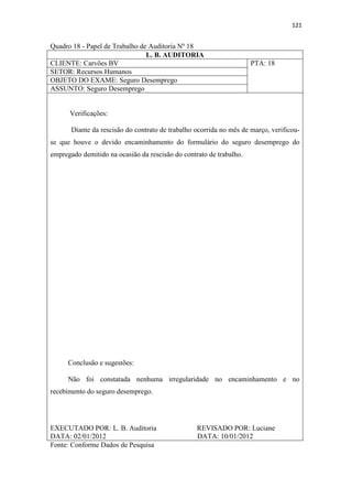 121
Quadro 18 - Papel de Trabalho de Auditoria Nº 18
L. B. AUDITORIA
CLIENTE: Carvões BV PTA: 18
SETOR: Recursos Humanos
OBJETO DO EXAME: Seguro Desemprego
ASSUNTO: Seguro Desemprego
Verificações:
Diante da rescisão do contrato de trabalho ocorrida no mês de março, verificou-
se que houve o devido encaminhamento do formulário do seguro desemprego do
empregado demitido na ocasião da rescisão do contrato de trabalho.
Conclusão e sugestões:
Não foi constatada nenhuma irregularidade no encaminhamento e no
recebimento do seguro desemprego.
EXECUTADO POR: L. B. Auditoria REVISADO POR: Luciane
DATA: 02/01/2012 DATA: 10/01/2012
Fonte: Conforme Dados de Pesquisa
 