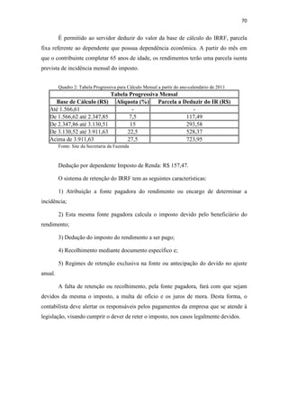 70
É permitido ao servidor deduzir do valor da base de cálculo do IRRF, parcela
fixa referente ao dependente que possua dependência econômica. A partir do mês em
que o contribuinte completar 65 anos de idade, os rendimentos terão uma parcela isenta
prevista de incidência mensal do imposto.
Quadro 2: Tabela Progressiva para Cálculo Mensal a partir do ano-calendário de 2011
Tabela Progressiva Mensal
Base de Cálculo (R$) Alíquota (%) Parcela a Deduzir do IR (R$)
Até 1.566,61 - -
De 1.566,62 até 2.347,85 7,5 117,49
De 2.347,86 até 3.130,51 15 293,58
De 3.130,52 até 3.911,63 22,5 528,37
Acima de 3.911,63 27,5 723,95
Fonte: Site da Secretaria da Fazenda
Dedução por dependente Imposto de Renda: R$ 157,47.
O sistema de retenção do IRRF tem as seguintes características:
1) Atribuição a fonte pagadora do rendimento ou encargo de determinar a
incidência;
2) Esta mesma fonte pagadora calcula o imposto devido pelo beneficiário do
rendimento;
3) Dedução do imposto do rendimento a ser pago;
4) Recolhimento mediante documento específico e;
5) Regimes de retenção exclusiva na fonte ou antecipação do devido no ajuste
anual.
A falta de retenção ou recolhimento, pela fonte pagadora, fará com que sejam
devidos da mesma o imposto, a multa de ofício e os juros de mora. Desta forma, o
contabilista deve alertar os responsáveis pelos pagamentos da empresa que se atende à
legislação, visando cumprir o dever de reter o imposto, nos casos legalmente devidos.
 