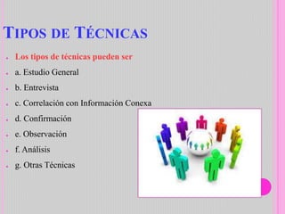 TIPOS DE TÉCNICAS
● Los tipos de técnicas pueden ser
● a. Estudio General
● b. Entrevista
● c. Correlación con Información Conexa
● d. Confirmación
● e. Observación
● f. Análisis
● g. Otras Técnicas
 