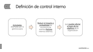 Actividades
diseñadas por la
gerencia para
Reducir el impacto o
probabilidad de
ocurrencia de
eventos/factores
internos externos
que puedan afectar
el logro de los
objetivos de la
organización
Definición de control interno
 
