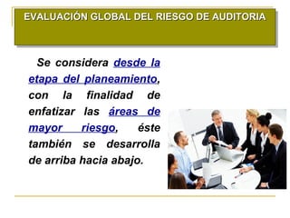 EVALUACIÓN GLOBAL DEL RIESGO DE AUDITORIAEVALUACIÓN GLOBAL DEL RIESGO DE AUDITORIAEVALUACIÓN GLOBAL DEL RIESGO DE AUDITORIAEVALUACIÓN GLOBAL DEL RIESGO DE AUDITORIA
Se considera desde la
etapa del planeamiento,
con la finalidad de
enfatizar las áreas de
mayor riesgo, éste
también se desarrolla
de arriba hacia abajo.
 