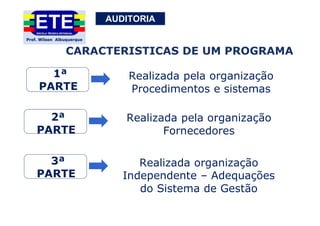 AUDITORIA
1ª
PARTE
Realizada pela organização
Procedimentos e sistemas
2ª
PARTE
Realizada pela organização
Fornecedores
3ª
PARTE
Realizada organização
Independente – Adequações
do Sistema de Gestão
CARACTERISTICAS DE UM PROGRAMA
 