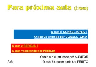 O que É CONSULTORIA ?
O que vc entende por CONSULTORIA
O que é PERICIA ?
O que vc entende por PERICIA
O que é e quem pode ser AUDITOR
O que é e quem pode ser PERITO
O que É AUDITORIA ?
O que vc entende por AUDITORIA
Aula
 