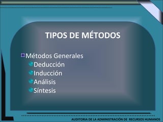 TIPOS DE MÉTODOS

Métodos Generales
  Deducción
  Inducción
  Análisis
  Síntesis


             AUDITORIA DE LA ADMINISTRACIÓN DE RECURSOS HUMANOS
 