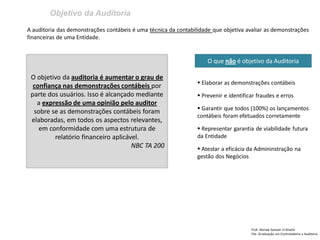 Objetivo da Auditoria
Prof: Ahmed Sameer El Khatib
Pós -Graduação em Controladoria e Auditoria
A auditoria das demonstrações contábeis é uma técnica da contabilidade que objetiva avaliar as demonstrações
financeiras de uma Entidade.
O objetivo da auditoria é aumentar o grau de
confiança nas demonstrações contábeis por
parte dos usuários. Isso é alcançado mediante
a expressão de uma opinião pelo auditor
sobre se as demonstrações contábeis foram
elaboradas, em todos os aspectos relevantes,
em conformidade com uma estrutura de
relatório financeiro aplicável.
NBC TA 200
O que não é objetivo da Auditoria
 Elaborar as demonstrações contábeis
 Prevenir e identificar fraudes e erros
 Garantir que todos (100%) os lançamentos
contábeis foram efetuados corretamente
 Representar garantia de viabilidade futura
da Entidade
 Atestar a eficácia da Admininstração na
gestão dos Negócios
 