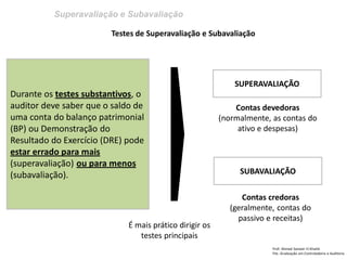 Superavaliação e Subavaliação
Prof: Ahmed Sameer El Khatib
Pós -Graduação em Controladoria e Auditoria
Testes de Superavaliação e Subavaliação
Durante os testes substantivos, o
auditor deve saber que o saldo de
uma conta do balanço patrimonial
(BP) ou Demonstração do
Resultado do Exercício (DRE) pode
estar errado para mais
(superavaliação) ou para menos
(subavaliação).
SUPERAVALIAÇÃO
SUBAVALIAÇÃO
Contas devedoras
(normalmente, as contas do
ativo e despesas)
Contas credoras
(geralmente, contas do
passivo e receitas)
É mais prático dirigir os
testes principais
 