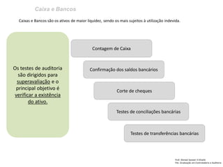 Caixa e Bancos
Prof: Ahmed Sameer El Khatib
Pós -Graduação em Controladoria e Auditoria
Os testes de auditoria
são dirigidos para
superavaliação e o
principal objetivo é
verificar a existência
do ativo.
Caixas e Bancos são os ativos de maior liquidez, sendo os mais sujeitos à utilização indevida.
Contagem de Caixa
Confirmação dos saldos bancários
Corte de cheques
Testes de conciliações bancárias
Testes de transferências bancárias
 