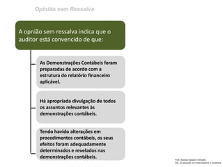 Opinião sem Ressalva
Prof: Ahmed Sameer El Khatib
Pós -Graduação em Controladoria e Auditoria
A opnião sem ressalva indica que o
auditor está convencido de que:
As Demonstrações Contábeis foram
preparadas de acordo com a
estrutura do relatório financeiro
aplicável.
Há apropriada divulgação de todos
os assuntos relevantes às
demonstrações contábeis.
Tendo havido alterações em
procedimentos contábeis, os seus
efeitos foram adequadamente
determinados e revelados nas
demonstrações contábeis.
 