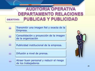 10
OBJETIVO:
Transmitir una imagen fiel y exacta de la
Empresa.
Consolidación y proyección de la imagen
de la organización
Publicidad institucional de la empresa.
Difusión a nivel de prensa.
Atraer buen personal y reducir el riesgo
de los trabajadores
 