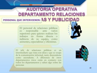 12
El personal de relaciones públicas
es responsable ante varios
superiores para quienes realizan los
trabajos en forma directa o
indirecta de su equipo, como
asistentes, especialistas y oficinistas.
El jefe de relaciones públicas es un
intermediario que trata con ideas y que se ocupa
de la comunicación informal, tanto descendente
como ascendente. A diferencia de otros
departamentos éstos están en contacto con
todos los departamentos y saben algo sobre las
personas
PERSONAL QUE INTERVIENEN:
 