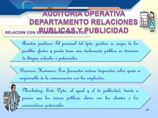 13
Asuntos jurídicos: El personal del dpto. jurídico se ocupa de los
posibles efectos q pueda tener una declaración pública en términos
de litigios actuales o potenciales.
RELACION CON OTROS DEPARTAMENTOS:
Recursos Humanos: Son frecuentes arduas dispuestas sobre quién es
responsable de la comunicación con los empleados.
Marketing: Este Dpto. al igual q el de publicidad, tiende a
pensar que los únicos públicos claves son los clientes o los
consumidores potenciales.
 
