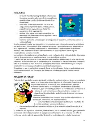 20
FUNCIONES
• Revisar la fiabilidad e integridad de la información
financiera, operativa y los procedimientos aplicados
para identificar, medir, clasificar y difundir dicha
información.
• Revisas los sistemas establecidos con el fin de
asegurar el cumplimento de las políticas, planes,
procedimientos, leyes, etc. que afecten las
operaciones de la organización.
• Analizar si las operaciones, determinando si los
resultados son coherentes con los objetivos y metas
previamente establecidas.
• Examinar los medios utilizados para la salvaguarda de los activos, verificando además su
existencia física.
Resulta necesario resaltar que los auditores internos deben ser independientes de las actividades
que auditan, esta independencia debe surgir de la posición y autoridad que éstos poseen dentro
de la organización. También y para asegurar la independencia y objetividad de los auditores
internos, éstos no deberían auditar sobre actividades en las cuales hayan tenido alguna
responsabilidad operativa reciente.
Los auditores internos tienen un rol significativo en la evaluación de la eficiencia de los sistemas de
control, desempeñando un papel importante en el control interno eficaz.
Es nombrado por la administración de la organización, es el encargado de verificar las fortalezas y
suficiencia de los controles que se aplican dentro de la empresa. Su estudio debe tener un alcance
total de la empresa, es decir abarcar las operaciones financieras, administrativas y de cualquier
otra índole. Es nombrado por la administración de la organización.
El resultado es que el auditor interno puede llamar la atención sobre ciertas irregularidades, pero
no las puede proseguir con el empeño que quisiera si esto va en contra de los intereses del
presidente
AUDITOR EXTERNO
Podemos decir que de las persona ajenas a la entidad, los auditores externos tienen un importante
papel en la consecución de los objetivos de información financiera de la
organización. Aportan un punto de vista independiente y objetivo.
El auditor externo realiza un juicio sobre la fiabilidad de los estados
financieros, pero también hay que tener en cuenta que no opina sobre el
sistema de control interno, por ello normalmente no estará en
situación de identificar todas las deficiencias de control interno que
pudieran existir.
Al realizar una auditoría los auditores proporcionan información útil a
la dirección, relacionada con el control interno:
• Comunicando las conclusiones de la auditoría, los resultados de
la revisión analítica y sus recomendaciones.
• Comunicando las deficiencias de control interno detectadas durante el desarrollo de la
auditoría.
Es nombrado por la junta de accionistas, debe ser hecha por un contador público ajeno y externo a
la empresa, este realiza un examen de las operaciones financieras de la empresa, con el fin de
emitir una opinión sobre la razonabilidad de las cifras contenidas en los estados financieros
 