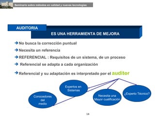 ES UNA HERRAMIENTA DE MEJORA No busca la corrección puntual Necesita un referencia REFERENCIAL : Requisitos de un sistema, de un proceso Referencial se adapta a cada organización Referencial y su adaptación es interpretado por el  auditor ¿Experto Técnico? Necesita una Mayor cualificación Conocedores del medio Expertos en  Sistemas AUDITORIA 