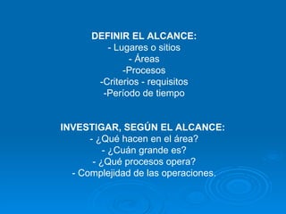 DEFINIR EL ALCANCE: - Lugares o sitios - Áreas -Procesos -Criterios - requisitos -Período de tiempo INVESTIGAR, SEGÚN EL ALCANCE:  - ¿Qué hacen en el área? - ¿Cuán grande es? - ¿Qué procesos opera? - Complejidad de las operaciones. 