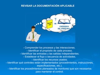 - Comprender los procesos y las interacciones.  - Identificar el propósito de cada proceso. - Identificar las entradas y las salidas independientes. - Establecer el flujo o secuencia de actividades. - Identificar los recursos usados. - Identificar qué controles están implementados (procedimientos, instrucciones, especificaciones, etc.). - Identificar los procedimientos planeados de monitoreo que son necesarios para mantener el control. REVISAR LA DOCUMENTACIÓN APLICABLE   