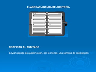 ELABORAR AGENDA DE AUDITORÍA   NOTIFICAR AL AUDITADO   Enviar agenda de auditoría con, por lo menos, una semana de anticipación. 