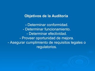 Objetivos de la Auditoría  -  Determinar conformidad. - Determinar funcionamiento. - Determinar efectividad. - Proveer oportunidad de mejora. - Asegurar cumplimiento de requisitos legales o regulatorios. 