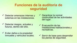 Funciones de la auditoria de
seguridad
 Detectar amenazas internas y
externas en las instalaciones.
 Detectar riesgos, actuales y
futuros, dentro del sitio.
 Evitar daños a la propiedad
inmueble y vehículos locales.
 Garantizar la normal
continuidad de las actividades
del lugar.
 Evacuación de las
instalaciones habitacionales y
recreativas.
 Servir de base para desarrollar
los planes de seguridad.
 