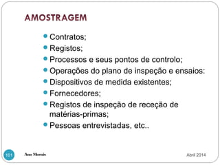Ana Morais101
Contratos;
Registos;
Processos e seus pontos de controlo;
Operações do plano de inspeção e ensaios:
Dispositivos de medida existentes;
Fornecedores;
Registos de inspeção de receção de
matérias-primas;
Pessoas entrevistadas, etc..
Abril 2014
 