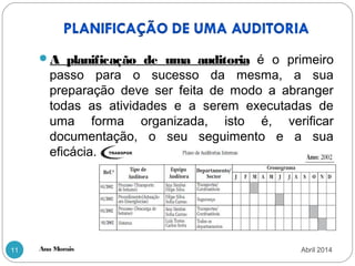 Ana Morais11
A planificação de uma auditoria é o primeiro
passo para o sucesso da mesma, a sua
preparação deve ser feita de modo a abranger
todas as atividades e a serem executadas de
uma forma organizada, isto é, verificar
documentação, o seu seguimento e a sua
eficácia.
Abril 2014
 