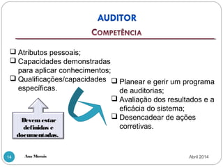 Ana Morais14
 Atributos pessoais;
 Capacidades demonstradas
para aplicar conhecimentos;
 Qualificações/capacidades
específicas.
 Planear e gerir um programa
de auditorias;
 Avaliação dos resultados e a
eficácia do sistema;
 Desencadear de ações
corretivas.
Devemestar
definidas e
documentadas.
Abril 2014
 
