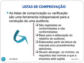 Ana Morais15
As listas de comprovação ou verificação
são uma ferramenta indispensável para a
condução de uma auditoria.
 São registadas as
conformidades e não
conformidades;
 Base para a elaboração do
relatório de auditoria;
 Elaboradas partir da leitura de
manuais e/ou procedimentos
aplicáveis;
 Devem abranger, no mínimo, os
requisitos das normas a que a
empresa está sujeita. Abril 2014
 