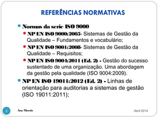 Ana Morais3
Normas da serie ISO 9000
NPEN ISO9000:2005- Sistemas de Gestão da
Qualidade – Fundamentos e vocabulário;
NPEN ISO9001:2008- Sistemas de Gestão da
Qualidade – Requisitos;
NPEN ISO9004:2011 (Ed. 2) - Gestão do sucesso
sustentado de uma organização. Uma abordagem
da gestão pela qualidade (ISO 9004:2009).
NPEN ISO 19011:2012 (Ed. 2) - Linhas de
orientação para auditorias a sistemas de gestão
(ISO 19011:2011);
Abril 2014
 