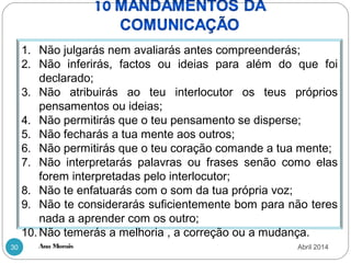 Ana Morais30
1. Não julgarás nem avaliarás antes compreenderás;
2. Não inferirás, factos ou ideias para além do que foi
declarado;
3. Não atribuirás ao teu interlocutor os teus próprios
pensamentos ou ideias;
4. Não permitirás que o teu pensamento se disperse;
5. Não fecharás a tua mente aos outros;
6. Não permitirás que o teu coração comande a tua mente;
7. Não interpretarás palavras ou frases senão como elas
forem interpretadas pelo interlocutor;
8. Não te enfatuarás com o som da tua própria voz;
9. Não te considerarás suficientemente bom para não teres
nada a aprender com os outro;
10. Não temerás a melhoria , a correção ou a mudança.
Abril 2014
 
