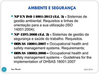 Ana Morais4
NPEN ISO 14001:2012 (Ed. 3) - Sistemas de
gestão ambiental. Requisitos e linhas de
orientação para a sua utilização (ISO
14001:2004);
NP4397:2008 (Ed. 2) - Sistemas de gestão da
segurança e saúde do trabalho. Requisitos.
OHSAS 18001:2007 – Occupational health and
safety management systems. Requirements;
OHSAS 18002:2008 – Occupational health and
safety management systems – Guidelines for the
implementation of OHSAS 18001:2007
Abril 2014
 