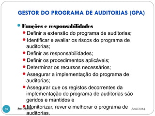 Ana Morais59
Funções e responsabilidades
Definir a extensão do programa de auditorias;
Identificar e avaliar os riscos do programa de
auditorias;
Definir as responsabilidades;
Definir os procedimentos aplicáveis;
Determinar os recursos necessários;
Assegurar a implementação do programa de
auditorias;
Assegurar que os registos decorrentes da
implementação do programa de auditorias são
geridos e mantidos e
Monitorizar, rever e melhorar o programa de
auditorias.
Abril 2014
 