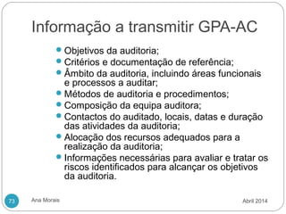 Informação a transmitir GPA-AC
Ana Morais73
Objetivos da auditoria;
Critérios e documentação de referência;
Âmbito da auditoria, incluindo áreas funcionais
e processos a auditar;
Métodos de auditoria e procedimentos;
Composição da equipa auditora;
Contactos do auditado, locais, datas e duração
das atividades da auditoria;
Alocação dos recursos adequados para a
realização da auditoria;
Informações necessárias para avaliar e tratar os
riscos identificados para alcançar os objetivos
da auditoria.
Abril 2014
 