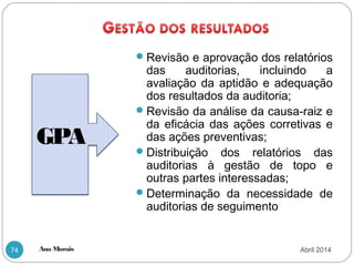 Ana Morais74
Revisão e aprovação dos relatórios
das auditorias, incluindo a
avaliação da aptidão e adequação
dos resultados da auditoria;
Revisão da análise da causa-raiz e
da eficácia das ações corretivas e
das ações preventivas;
Distribuição dos relatórios das
auditorias à gestão de topo e
outras partes interessadas;
Determinação da necessidade de
auditorias de seguimento
GPA
Abril 2014
 