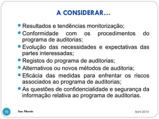 Ana Morais79
Resultados e tendências monitorização;
Conformidade com os procedimentos do
programa de auditorias;
Evolução das necessidades e expectativas das
partes interessadas;
Registos do programa de auditorias;
Alternativos ou novos métodos de auditoria;
Eficácia das medidas para enfrentar os riscos
associados ao programa de auditorias;
As questões de confidencialidade e segurança da
informação relativa ao programa de auditorias.
Abril 2014
 