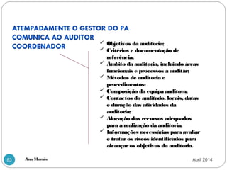 Ana Morais83
 Objetivos da auditoria;
 Critérios e documentação de
referência;
 Âmbito da auditoria, incluindo áreas
funcionais e processos a auditar;
 Métodos de auditoria e
procedimentos;
 Composição da equipa auditora;
 Contactos do auditado, locais, datas
e duração das atividades da
auditoria;
 Alocação dos recursos adequados
para a realização da auditoria;
 Informações necessárias para avaliar
e trataros riscos identificados para
alcançaros objetivos da auditoria.
Abril 2014
 