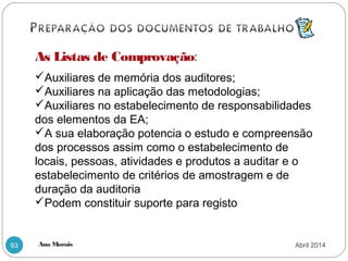 Ana Morais93
As Listas de Comprovação:
Auxiliares de memória dos auditores;
Auxiliares na aplicação das metodologias;
Auxiliares no estabelecimento de responsabilidades
dos elementos da EA;
A sua elaboração potencia o estudo e compreensão
dos processos assim como o estabelecimento de
locais, pessoas, atividades e produtos a auditar e o
estabelecimento de critérios de amostragem e de
duração da auditoria
Podem constituir suporte para registo
Abril 2014
 