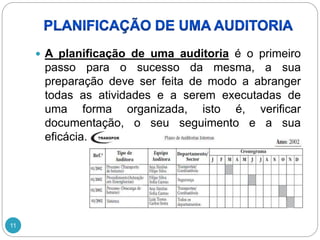 11
 A planificação de uma auditoria é o primeiro
passo para o sucesso da mesma, a sua
preparação deve ser feita de modo a abranger
todas as atividades e a serem executadas de
uma forma organizada, isto é, verificar
documentação, o seu seguimento e a sua
eficácia.
 